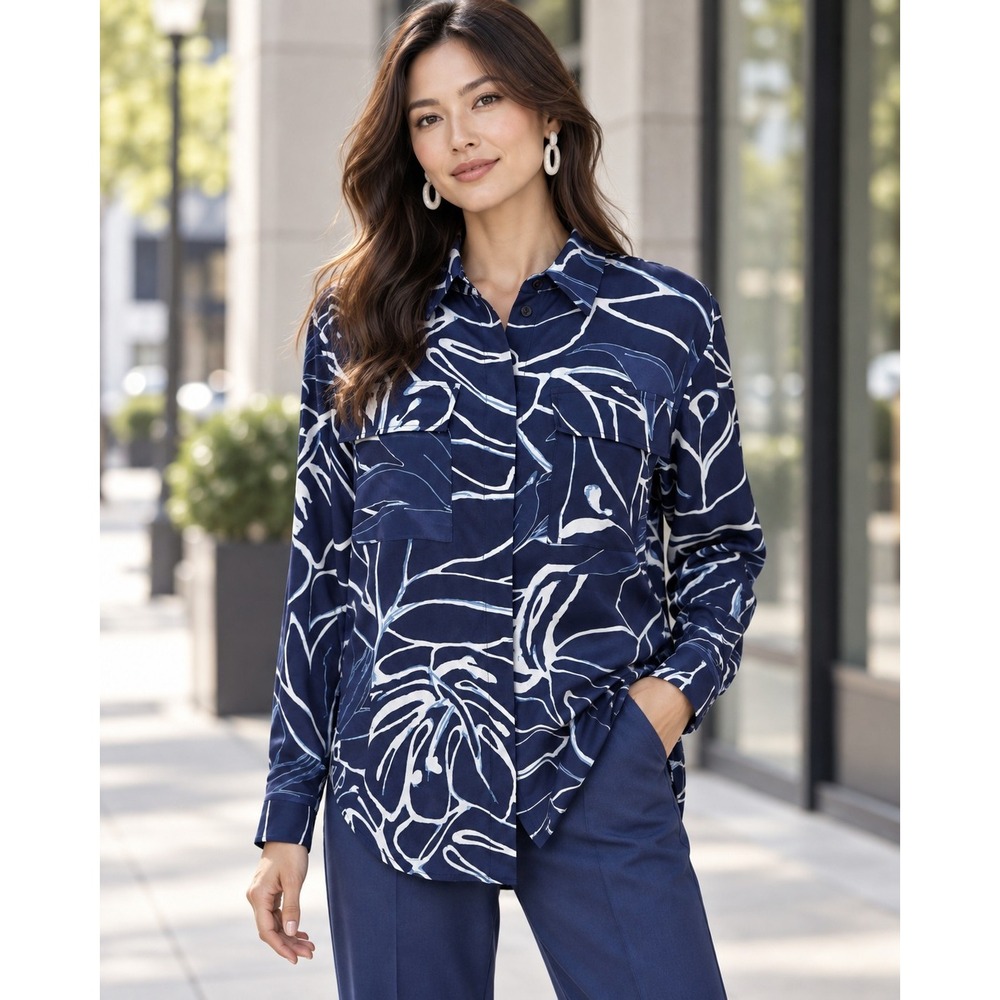 Lafayette 148 New York Silk Blouse S Navy White Floral Botanical Utility Shirt
